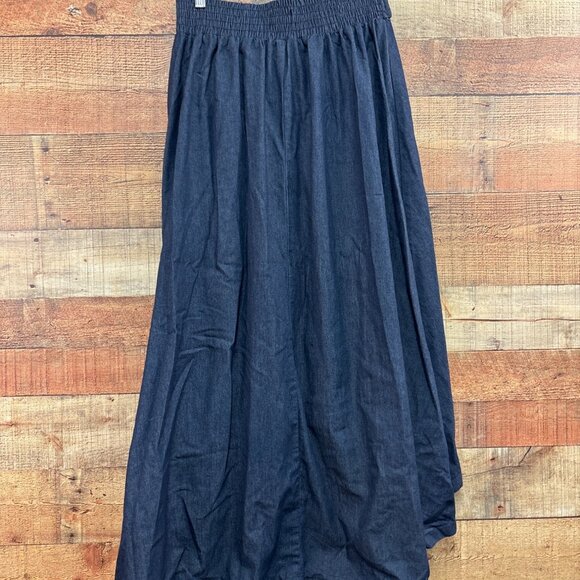 High-Low Denim Blue Maxi Skirt With Elastic Waistband & Tie Belt - Picture 4 of 7